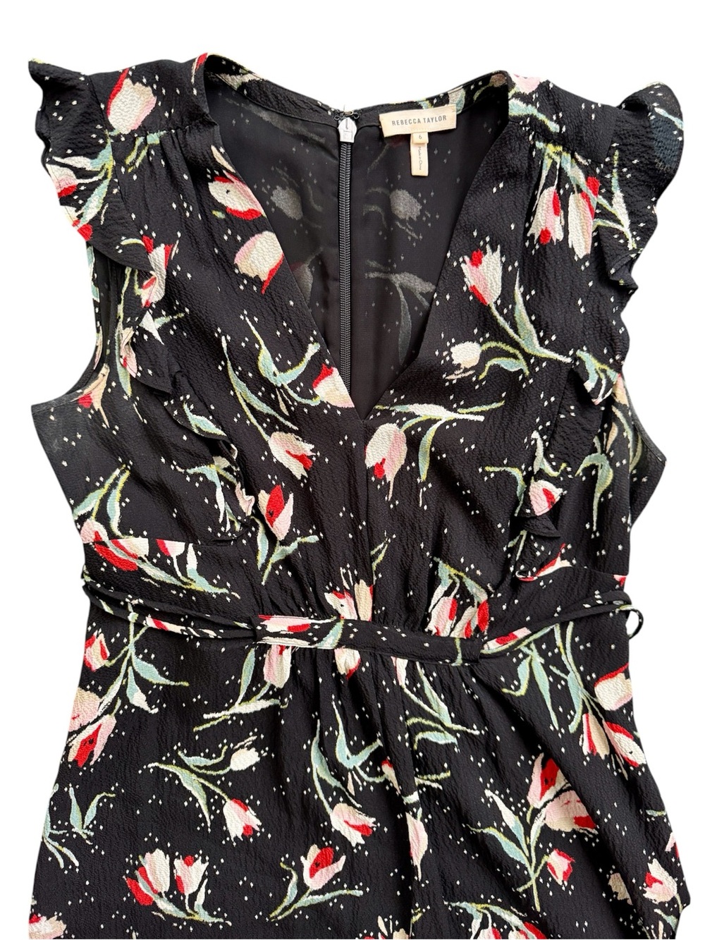 Rebecca Taylor Floral Tulip Print Dress Black Ruffle Crepe Midi- US 6 / UK 10 - Picture 2 of 4